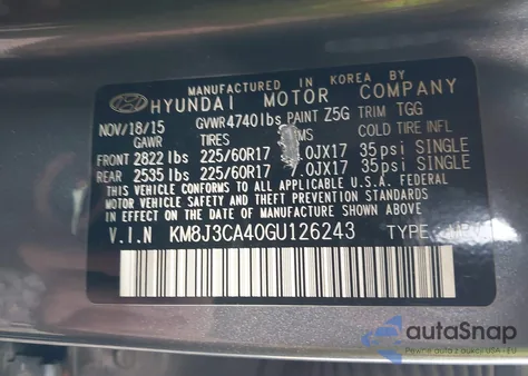 2016 Hyundai Tucson Se из США, поврежденный, VIN KM8J3CA40GU126243